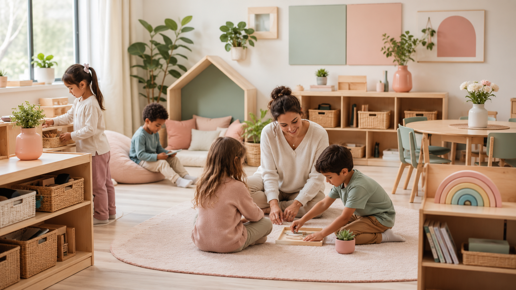 Enseignante et élèves du primaire dans une classe lumineuse et apaisante, avec du matériel bien organisé et des routines calmes pour commencer la journée.