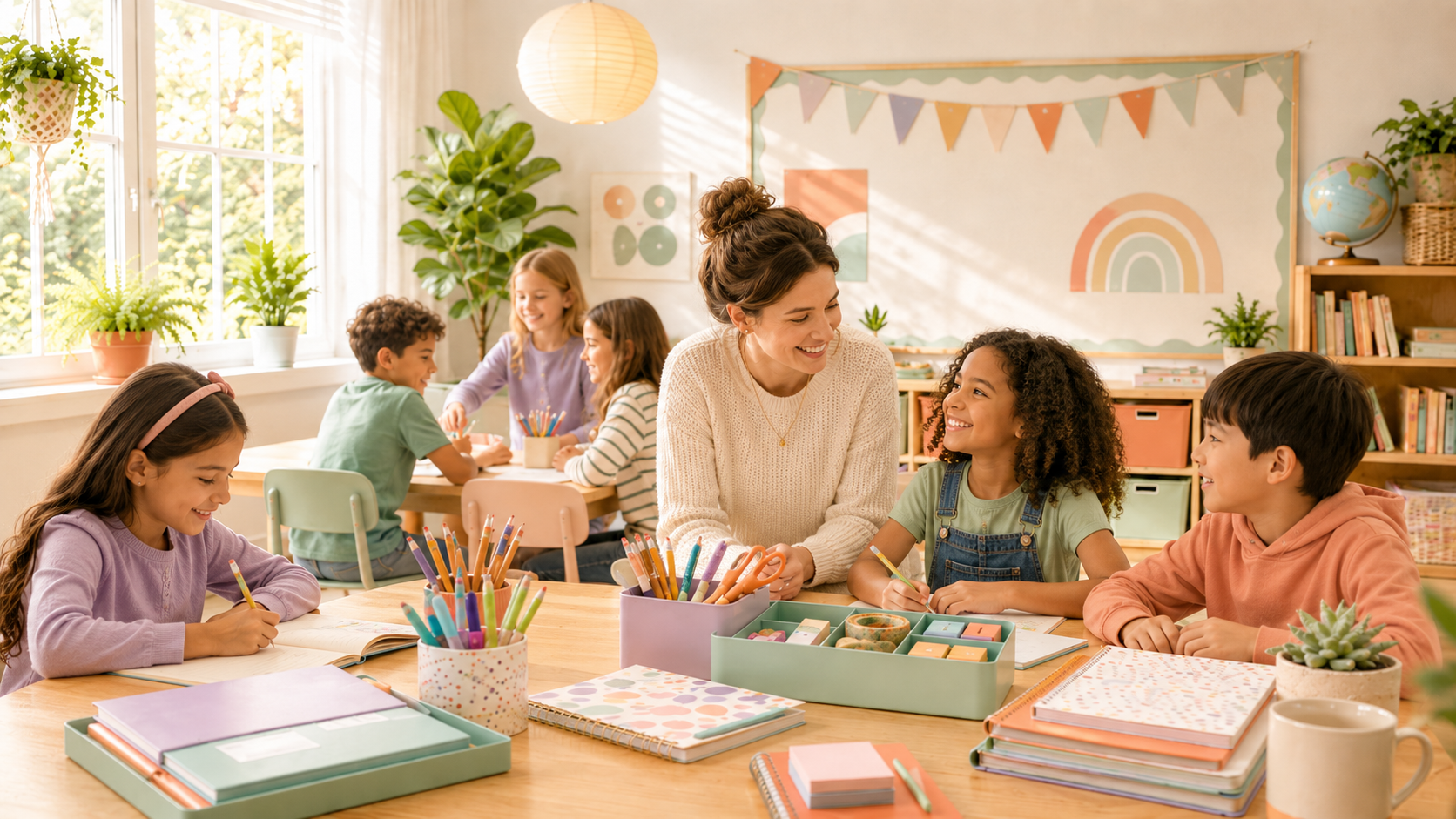 Enseignante souriante accompagnant des élèves de 10 ans autour d’une table remplie de fournitures scolaires dans une classe lumineuse aux couleurs pastel douces, pour illustrer des ressources de rentrée scolaire au primaire.