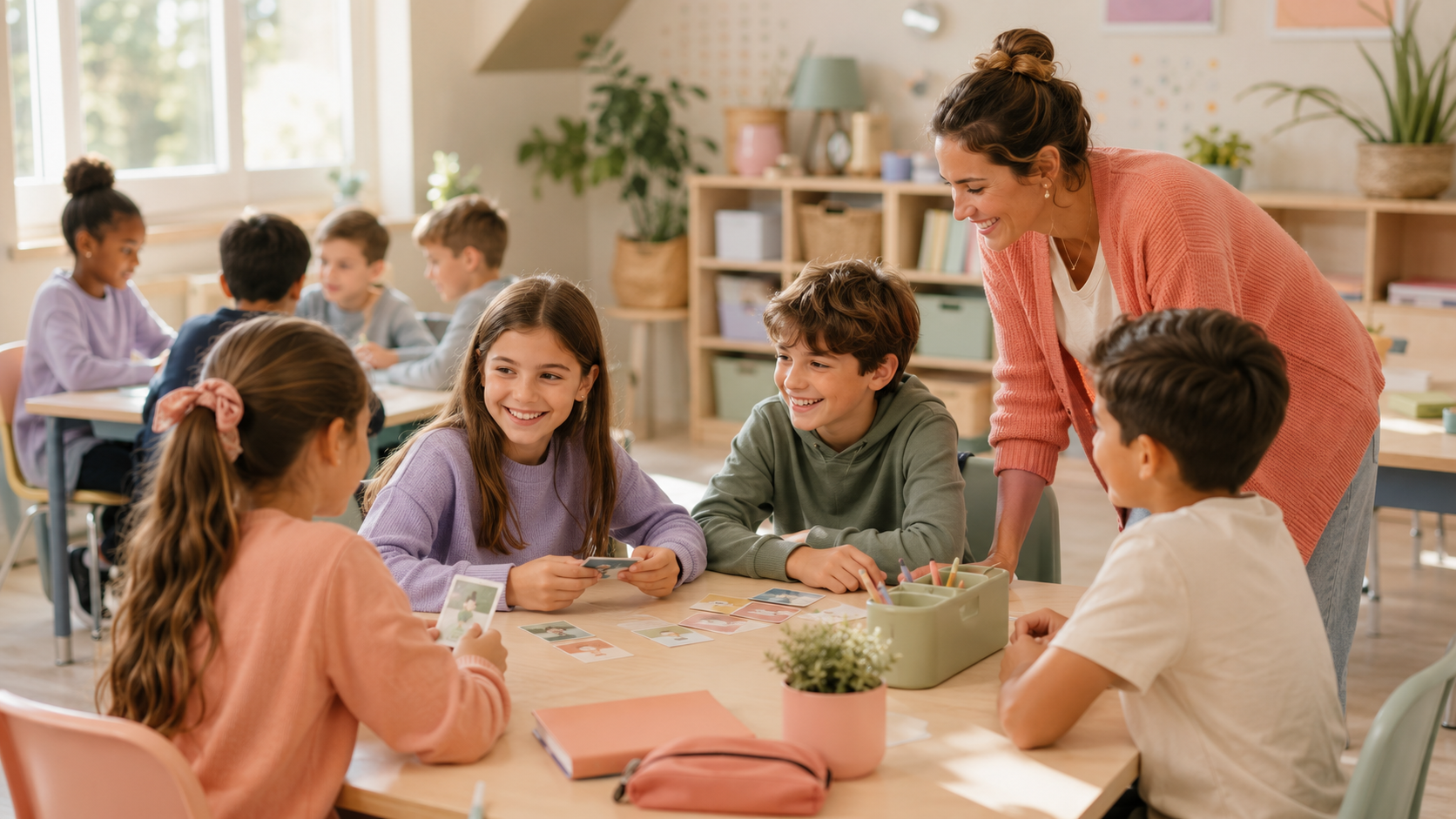 Enseignante souriante animant un jeu brise-glace avec des élèves du primaire autour d’une table, dans une classe lumineuse et chaleureuse aux couleurs pastel douces.