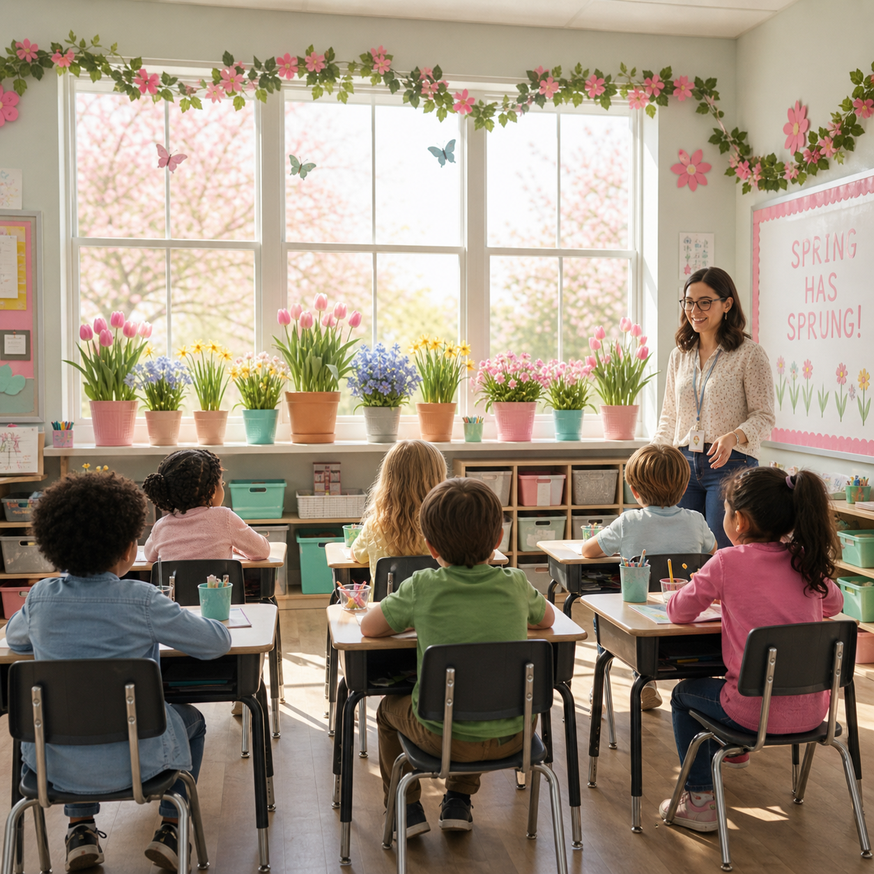 Une classe qui fait des activités de printemps au primaire
