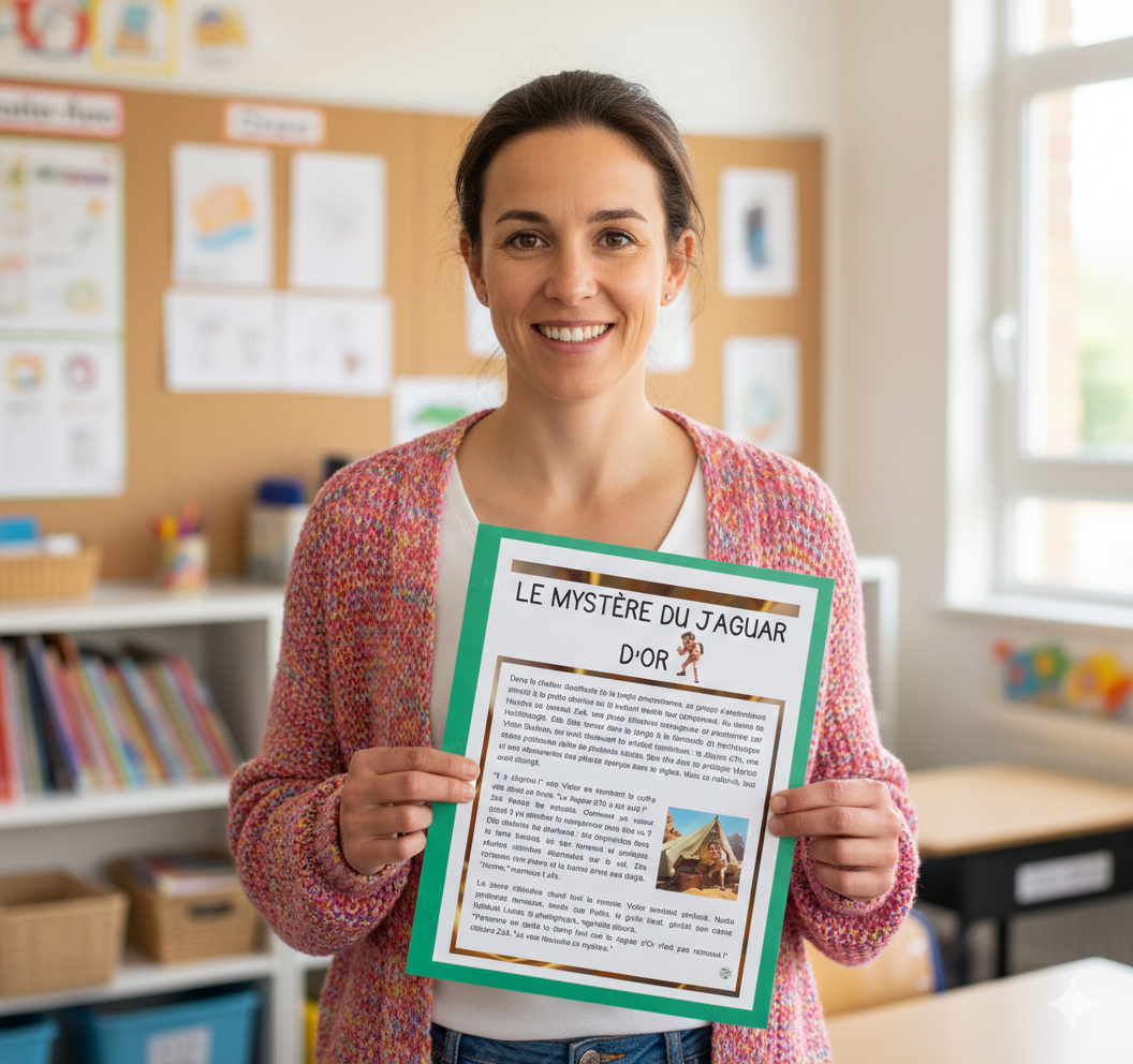 Enseignante au primaire tenant une ressource pédagogique en français de Madame Coraline