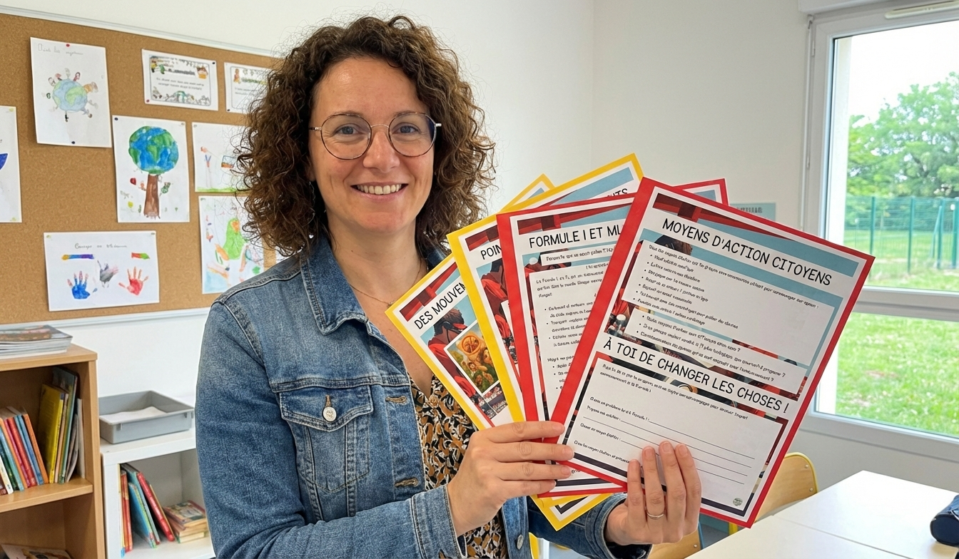 Une enseignante tenant des ressources pédagogiques de CCQ de Madame Coraline