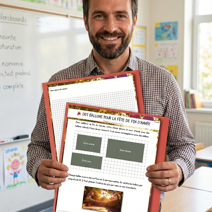 Un enseignant au primaire tenant une ressource pédagogique en mathématiques de Madame Coraline