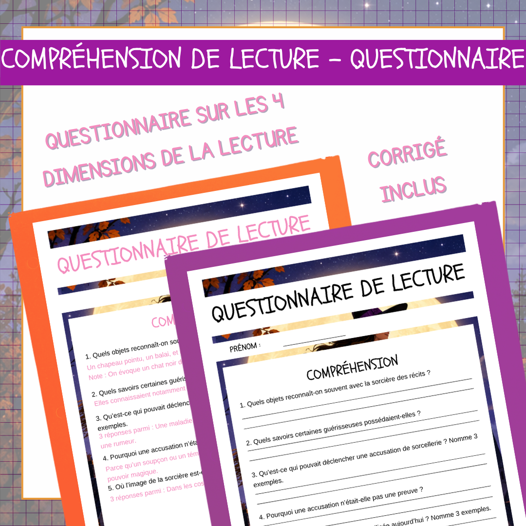 Questionnaire de lecture sur les quatre dimensions — compréhension, interprétation, réaction et appréciation — avec corrigé inclus pour Les sorcières.
