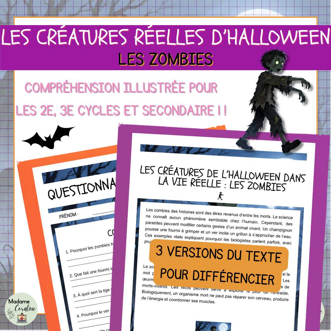 Les zombies : compréhension de lecture illustrée d’Halloween en 3 niveaux pour les 2e et 3e cycles et le secondaire I.