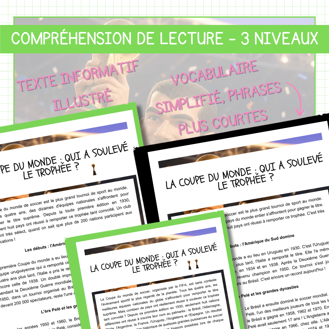 Compréhension de lecture différenciée pour la Coupe du Monde de soccer sur les pays champions