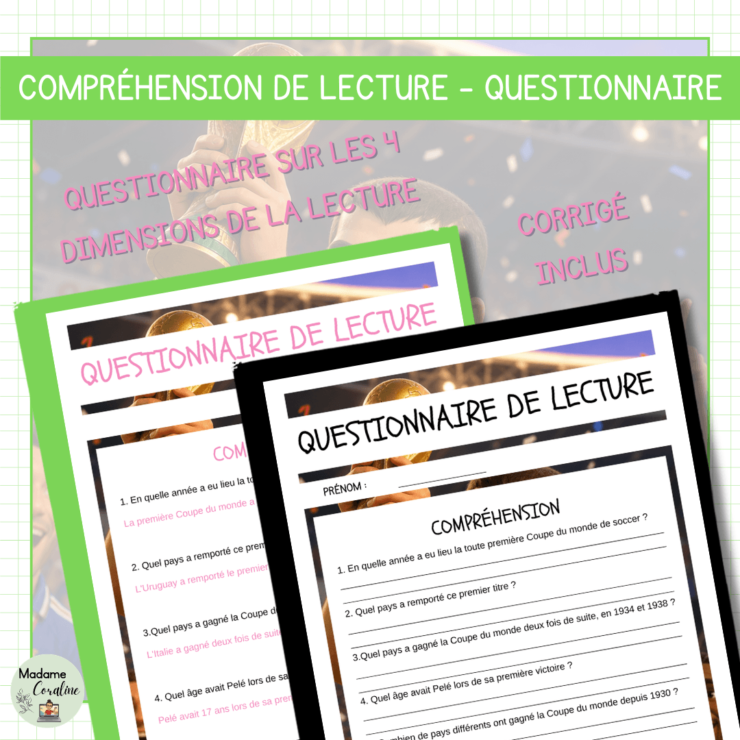 Compréhension de lecture avec questionnaire pour la Coupe du Monde de soccer sur les pays champions