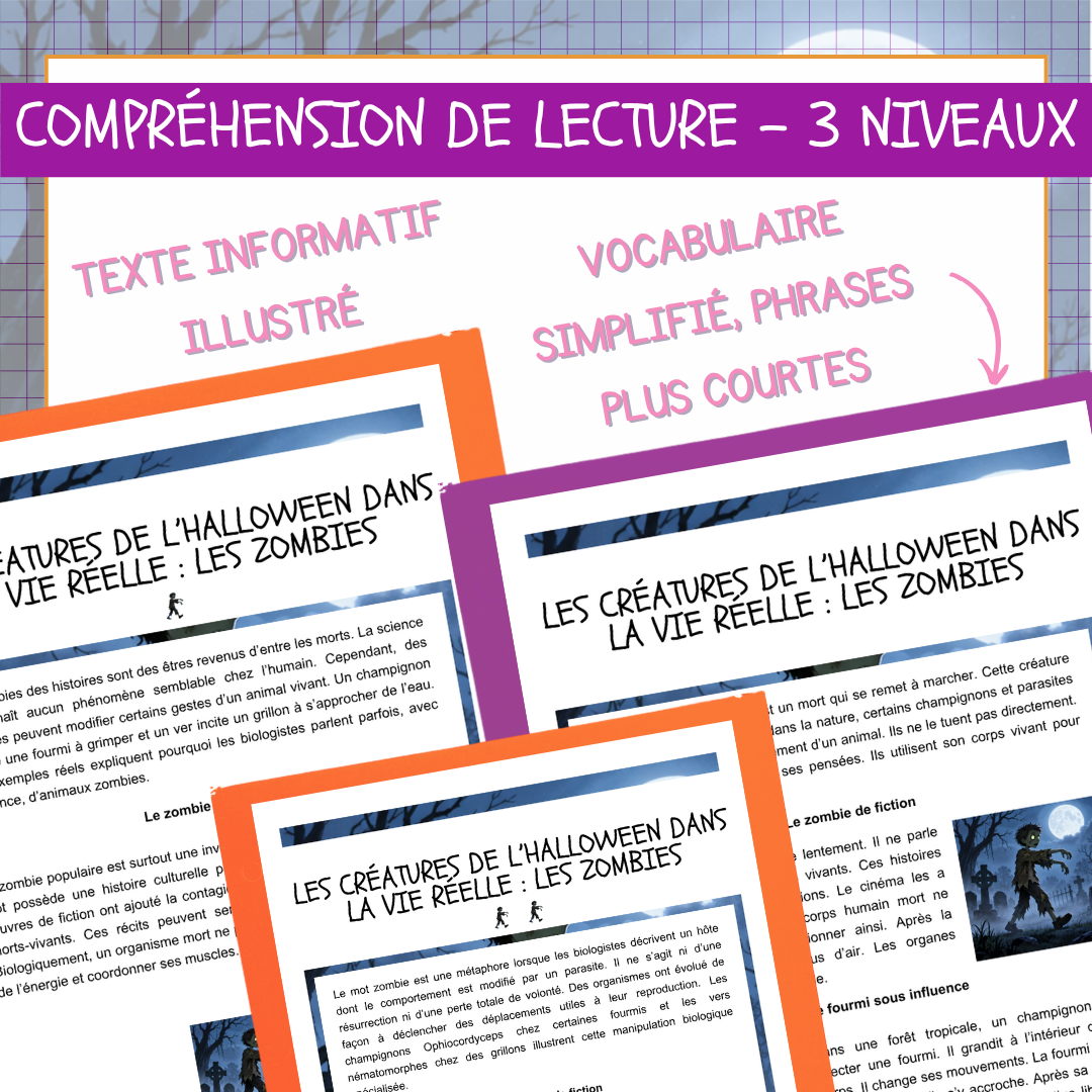 Aperçu des trois versions différenciées du texte informatif Les zombies : fiction, champignons parasites et vers nématomorphes.
