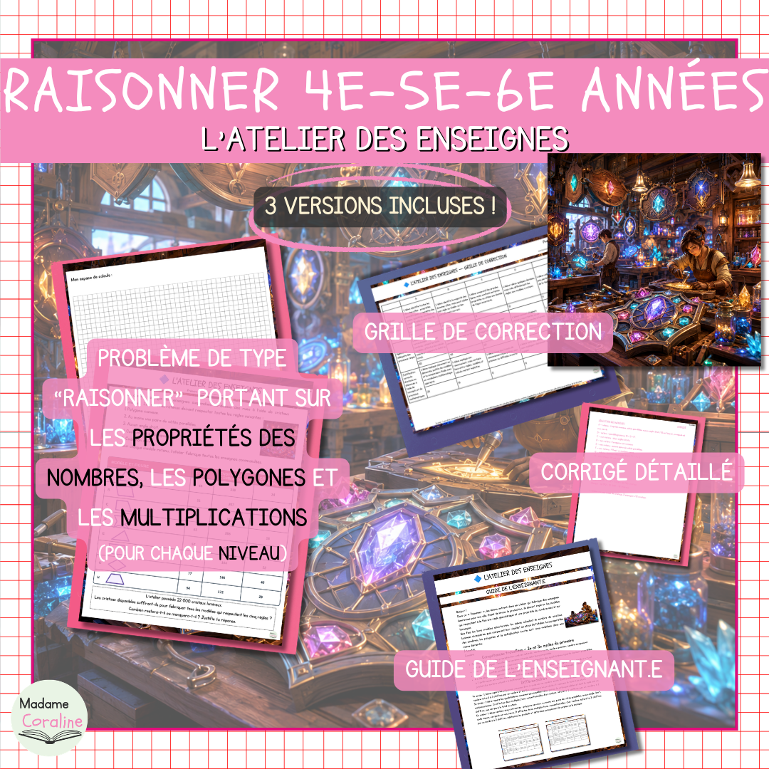 L’atelier des enseignes : situation-problème Raisonner en mathématiques pour les 4e, 5e et 6e années, offerte en trois versions avec corrigés et grilles.
