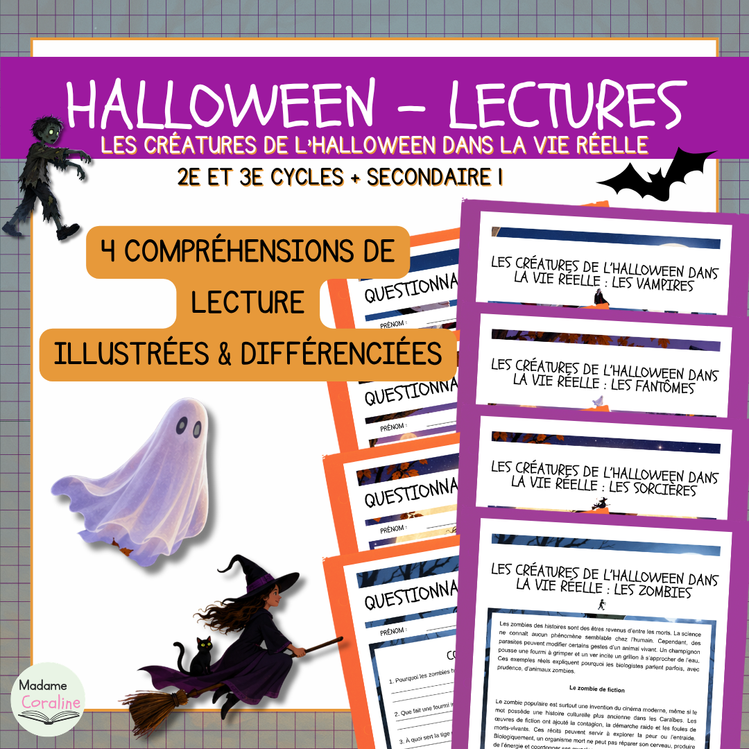 Ensemble de quatre compréhensions de lecture d'Halloween : Les créatures d'Halloween dans la vie réelle