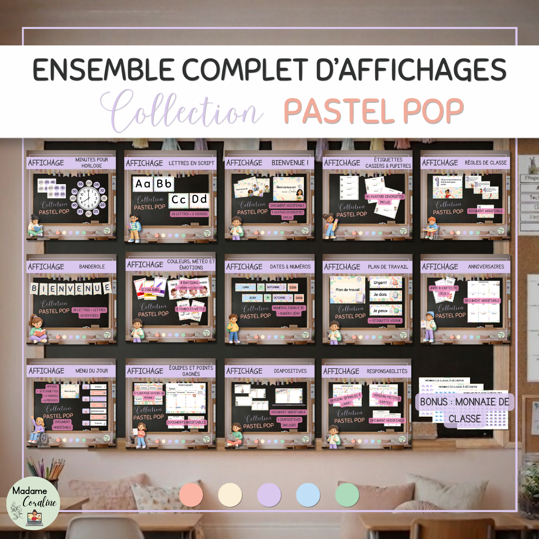Ensemble d'affichages de classe pour la rentrée scolaire - Collection Pastel Pop