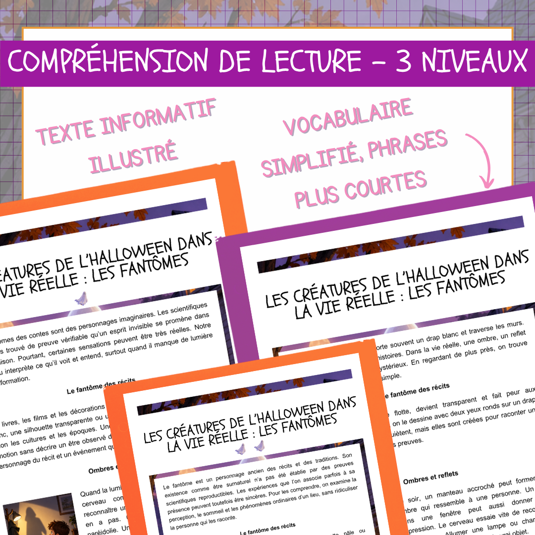 Aperçu des trois versions différenciées du texte informatif Les fantômes, avec vocabulaire simplifié, phrases plus courtes et illustrations.