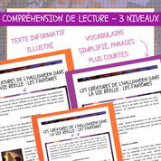 Aperçu des trois versions différenciées du texte informatif Les fantômes, avec vocabulaire simplifié, phrases plus courtes et illustrations.