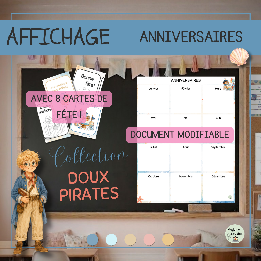 Affichage pour la classe - Affiches d’anniversaire et cartes de bonne fête - Collection Doux pirates