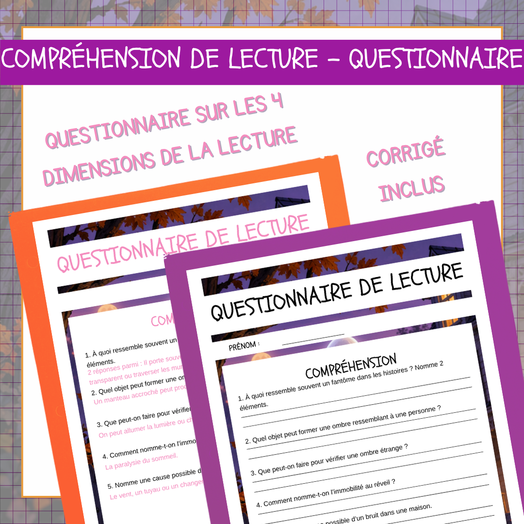Questionnaire de lecture sur les quatre dimensions — compréhension, interprétation, réaction et appréciation — avec corrigé inclus pour Les fantômes.