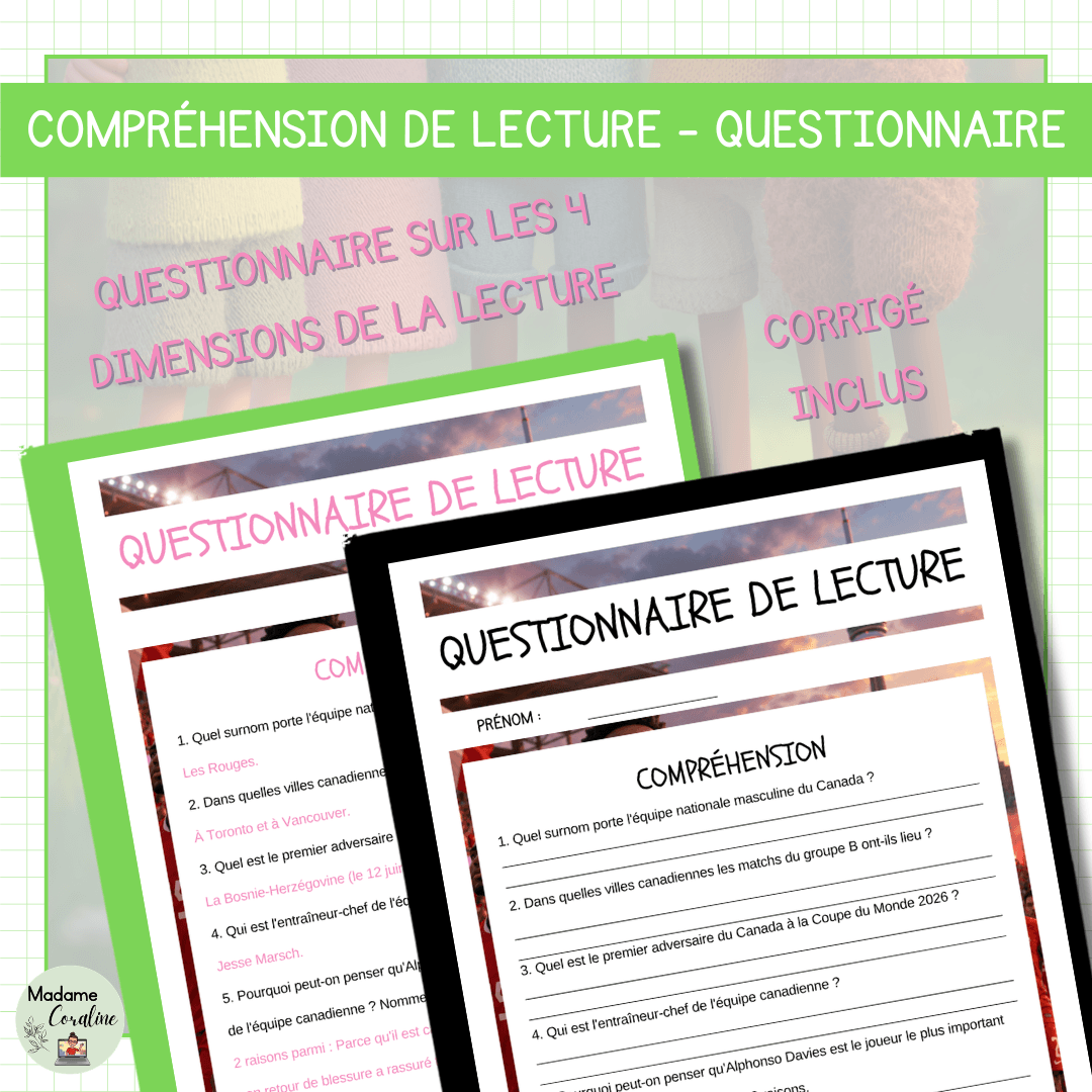 Compréhension de lecture avec questionnaire pour la coupe du monde de soccer sur l'équipe canadienne de soccer