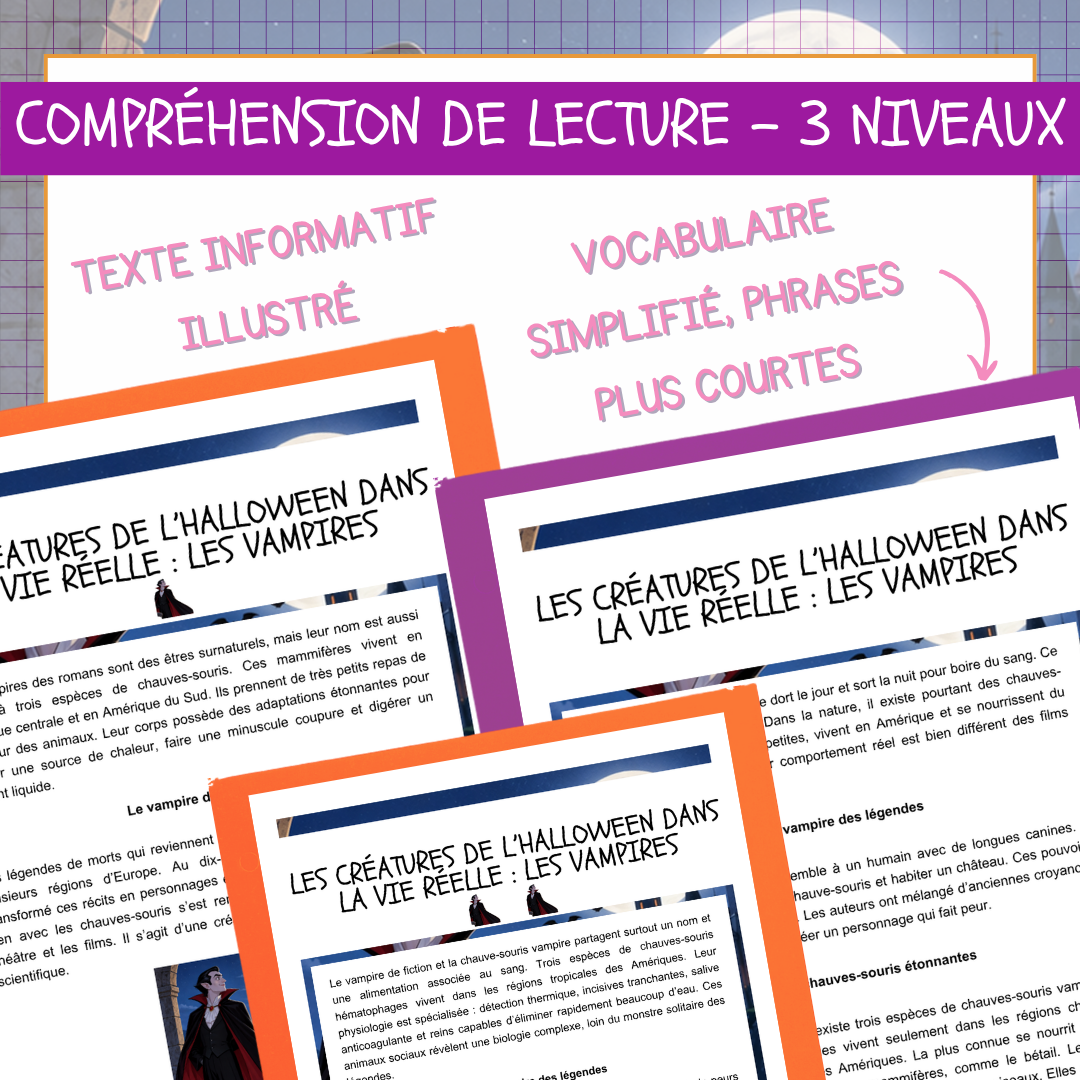 Aperçu des trois versions différenciées du texte informatif Les vampires : chauves-souris vampires, légendes et adaptations scientifiques.