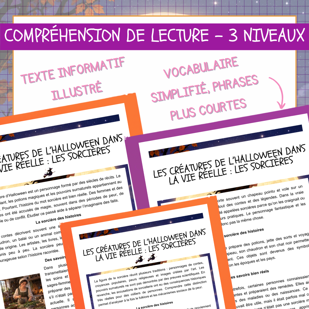 Aperçu des trois versions différenciées du texte informatif Les sorcières : folklore, savoirs historiques et accusations sans preuve.