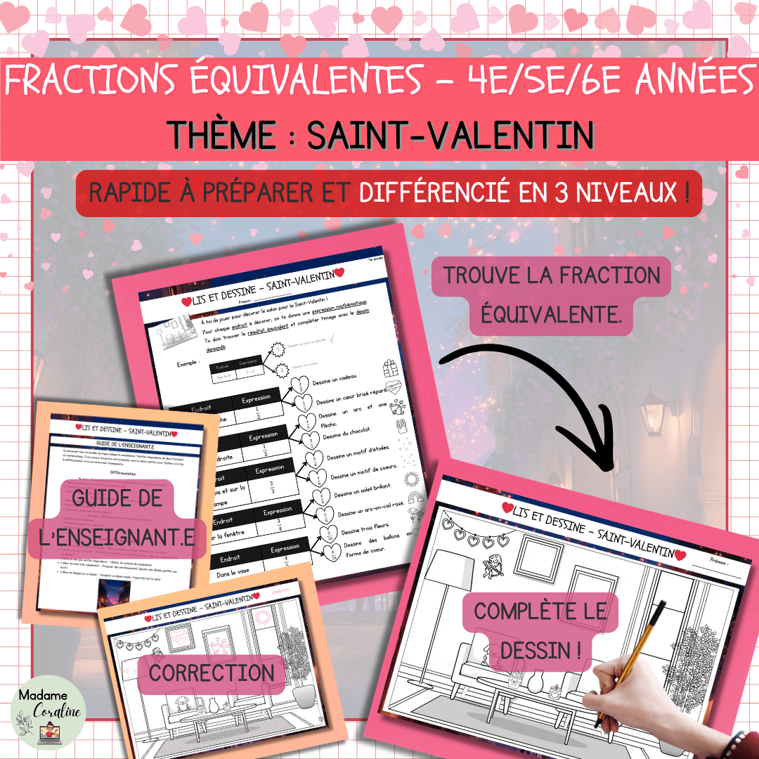 Activité fractions équivalentes différenciée - Saint-Valentin