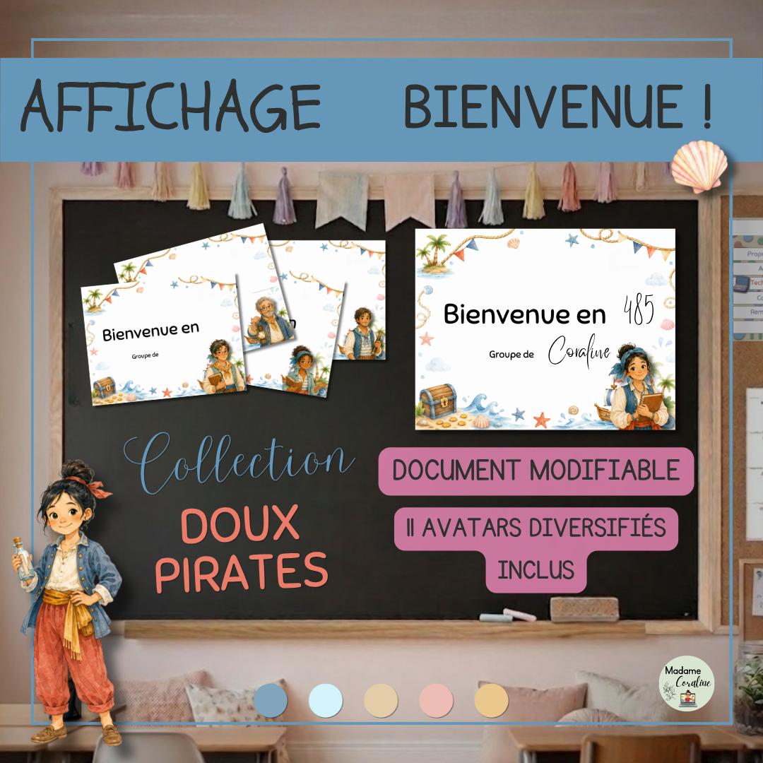 Affiche « Bienvenue en / groupe de… » pour la classe au primaire - Collection Doux pirates
