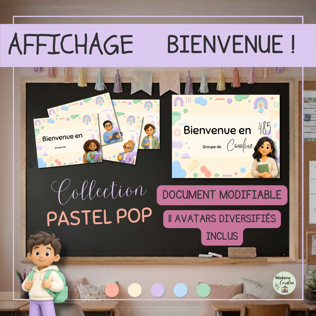 Affiche « Bienvenue en / groupe de… » pour la classe au primaire - Collection Pastel Pop