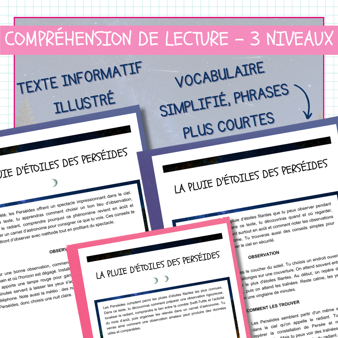 Compréhension de lecture – Les Perséides (3 niveaux) avec questionnaire