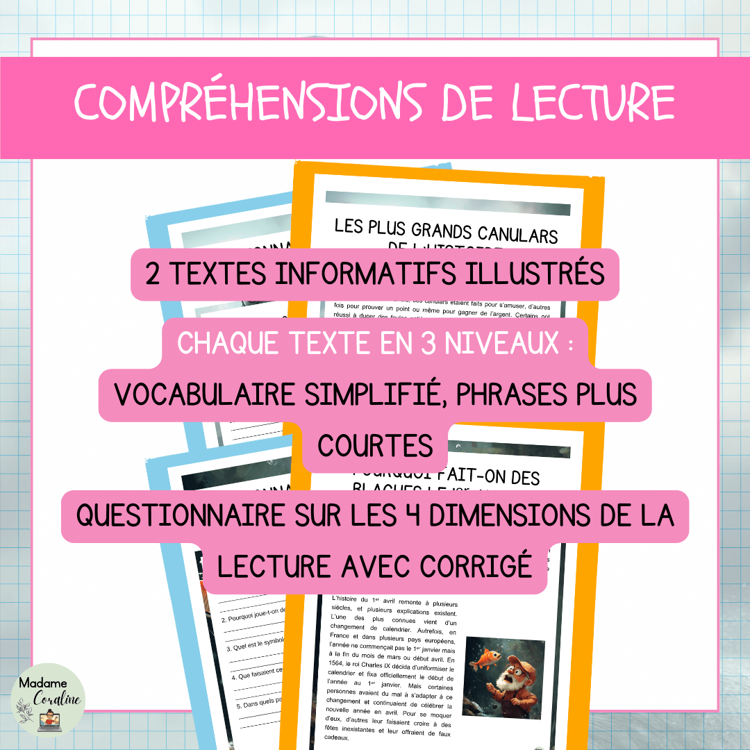 Compréhensions de lecture Poisson d'Avril avec questionnaire