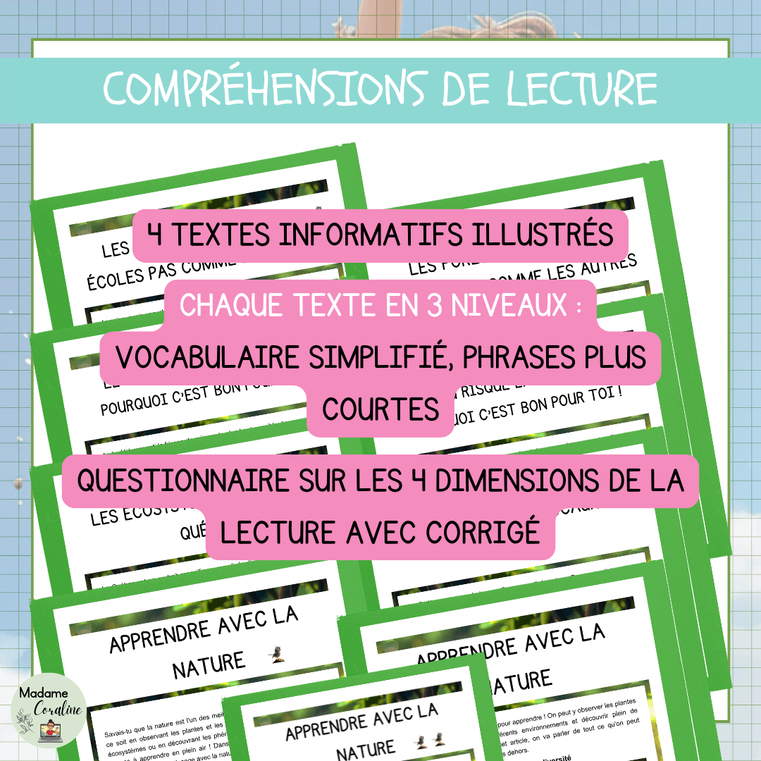 Compréhensions de lecture École dehors différenciées avec questionnaire