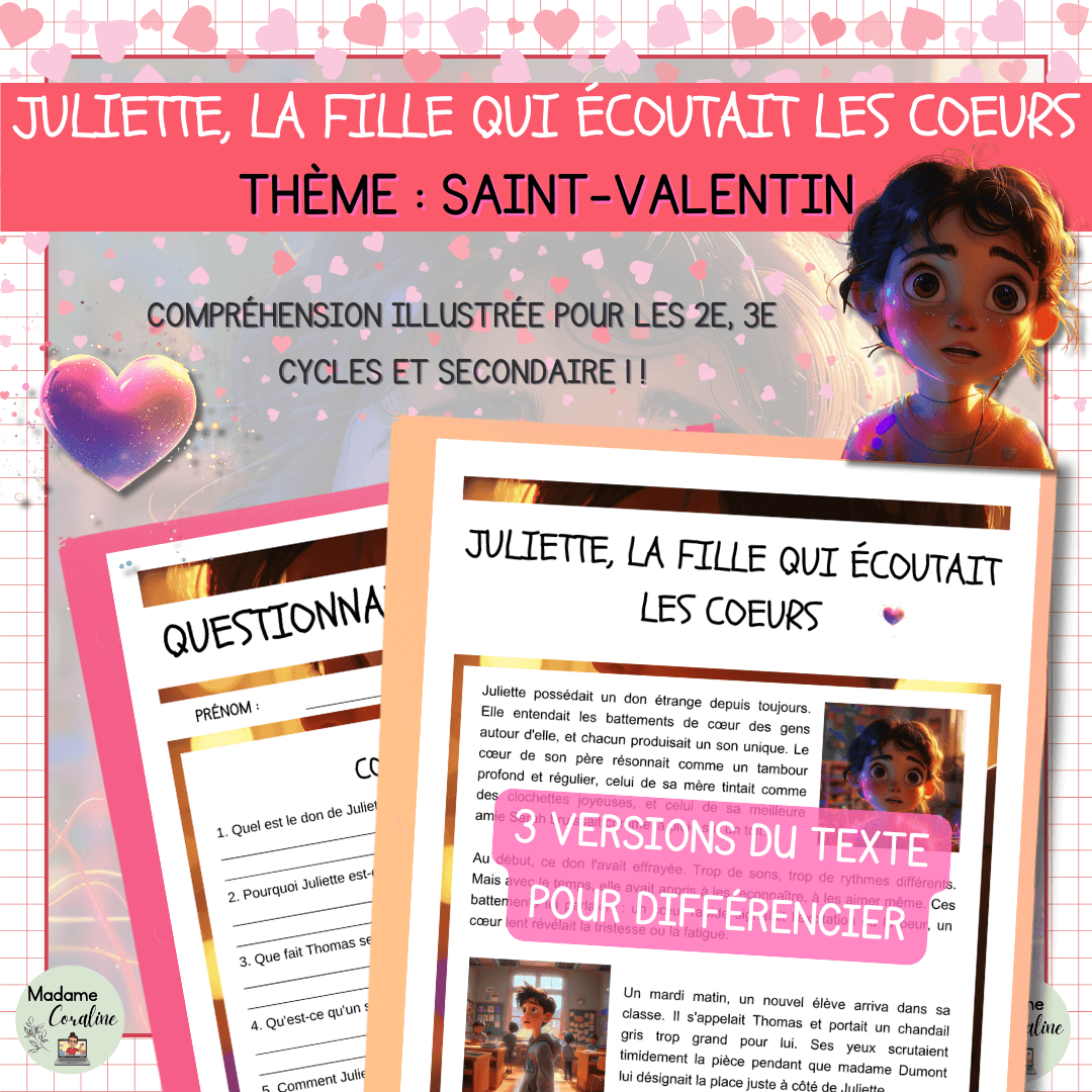 Compréhension de lecture narrative saint-valentin juliette coeurs