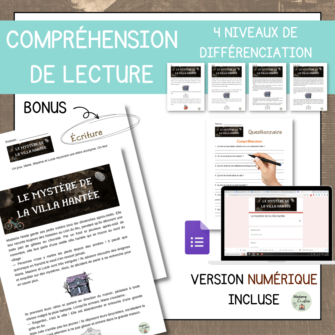 Compréhension de lecture narrative mystère villa hantée