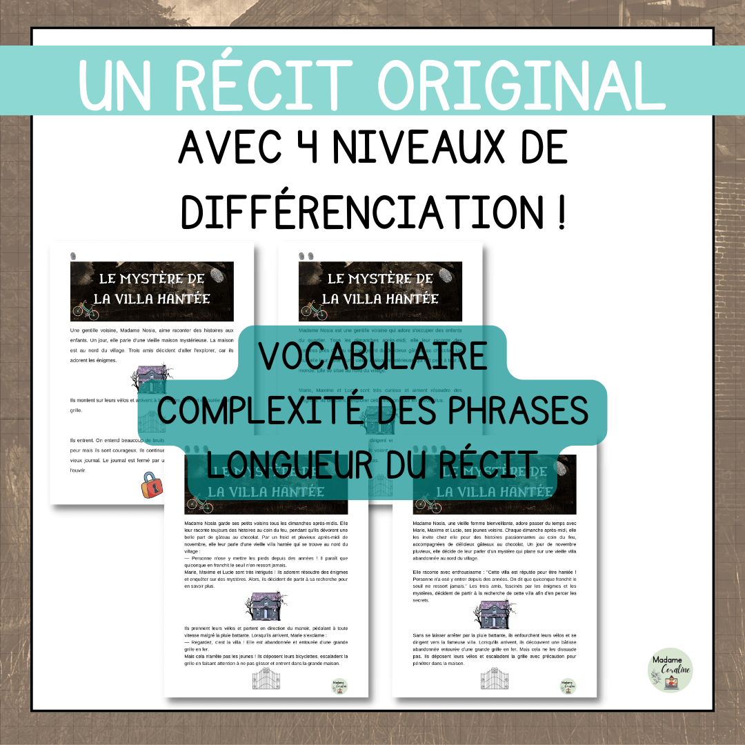Compréhension de lecture narrative mystère villa hantée