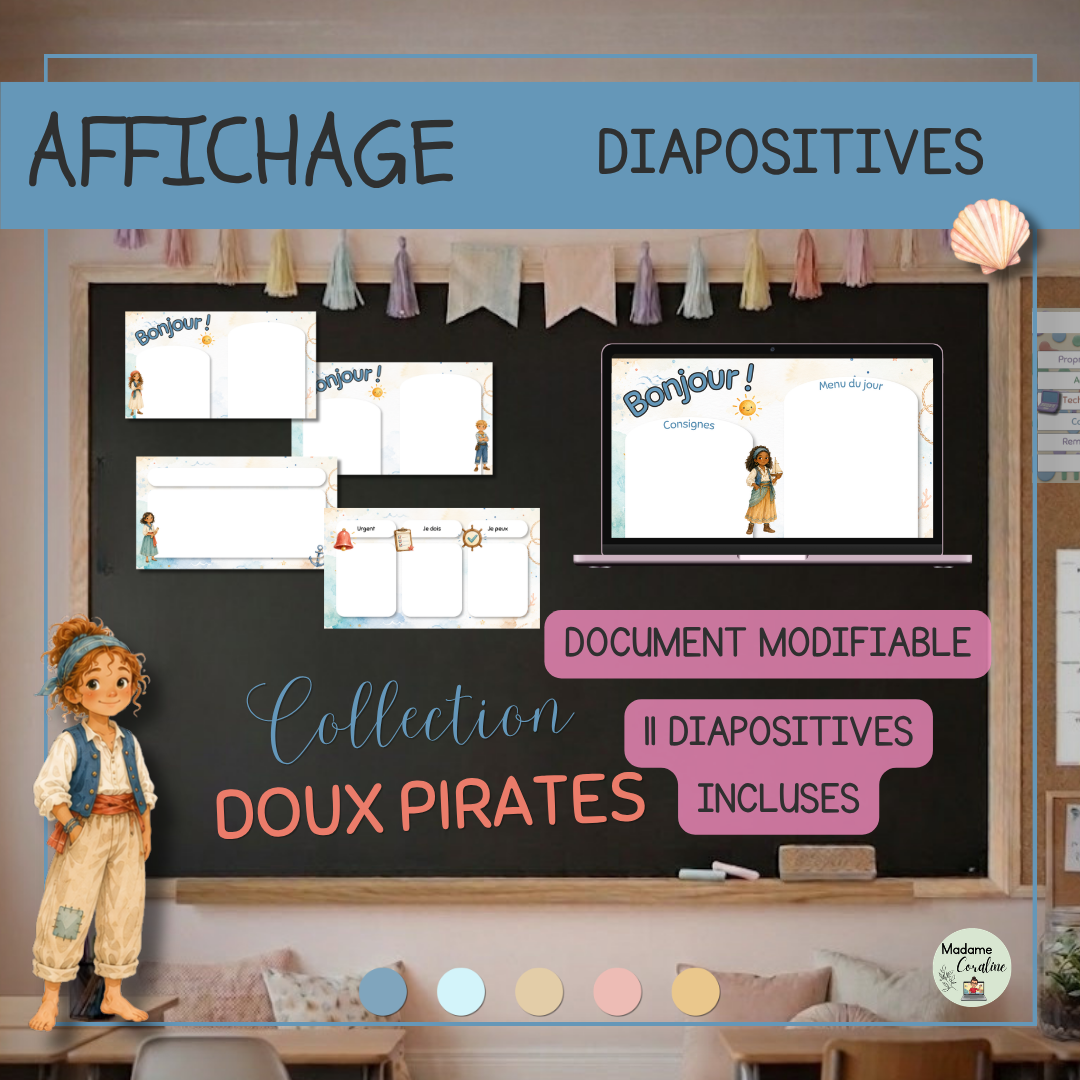 Diapositives de rentrée scolaire modifiables – Décor de classe - Collection Doux pirates