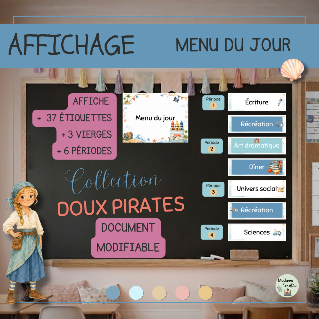 Menu du jour de la classe à afficher | Rentrée scolaire au primaire - Collection Doux pirates