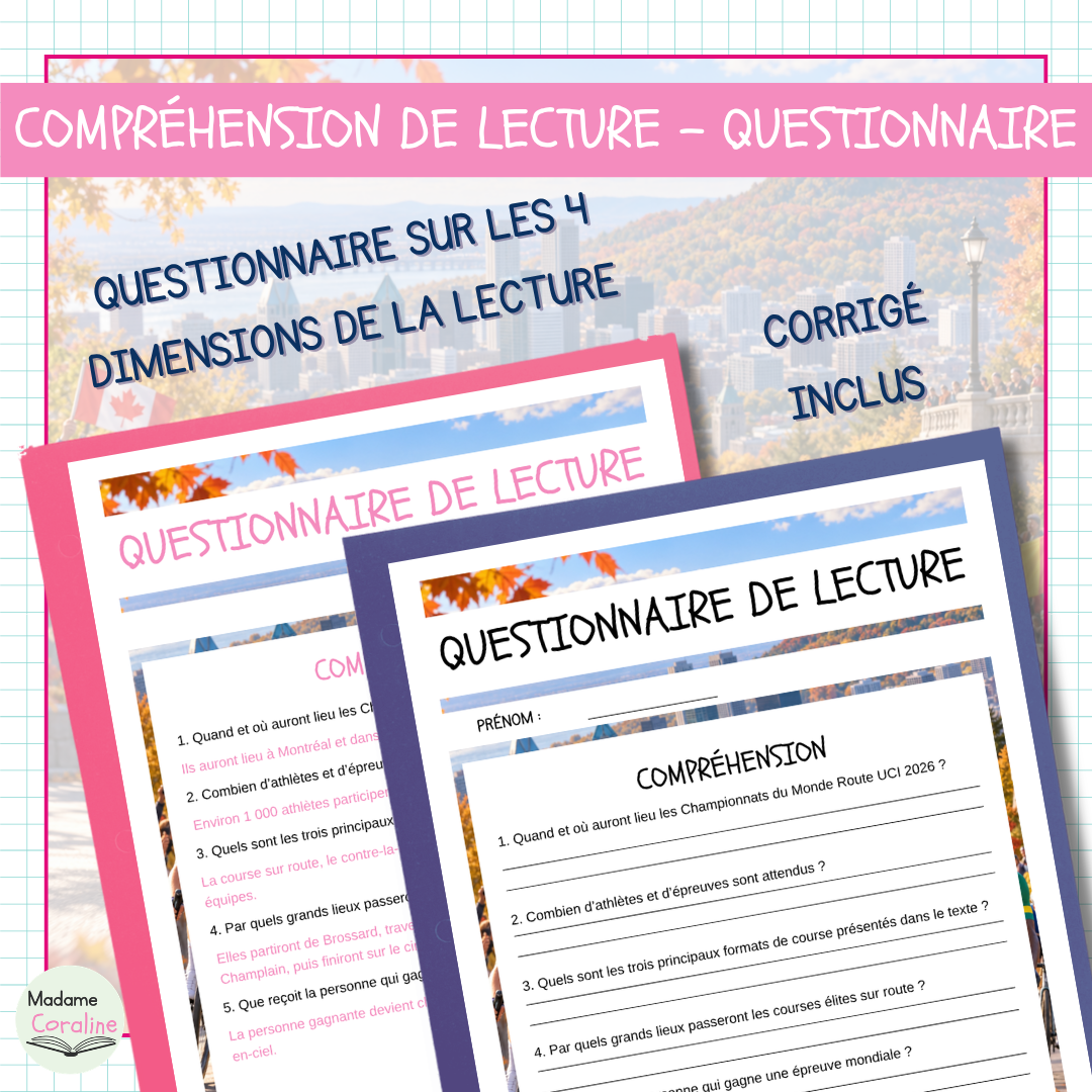 Questionnaire de lecture sur le cyclisme à Montréal en 2026, couvrant les quatre dimensions de la lecture, avec corrigé inclus.