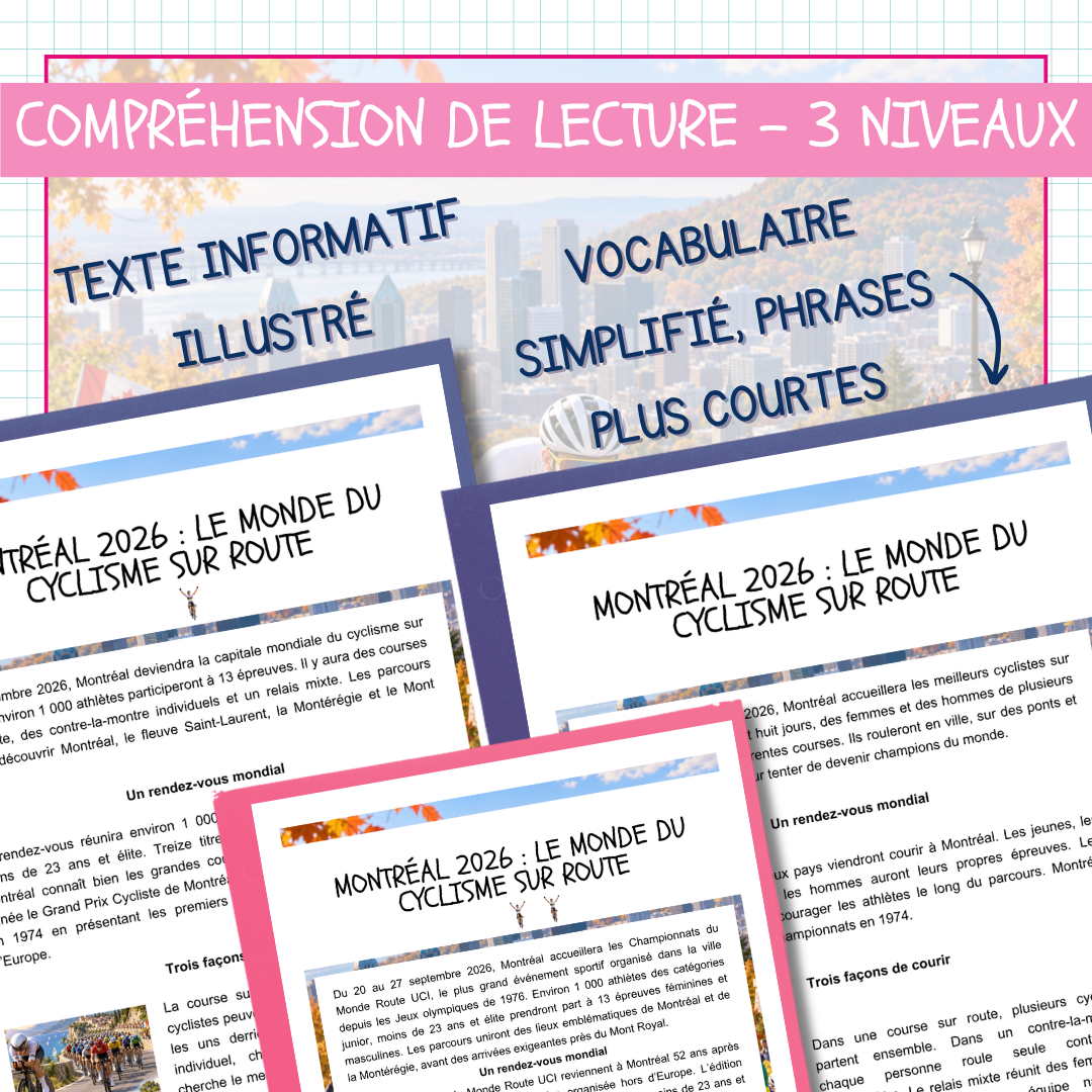 Aperçu des trois niveaux du texte sur le cyclisme à Montréal en 2026, avec vocabulaire simplifié et phrases plus courtes.