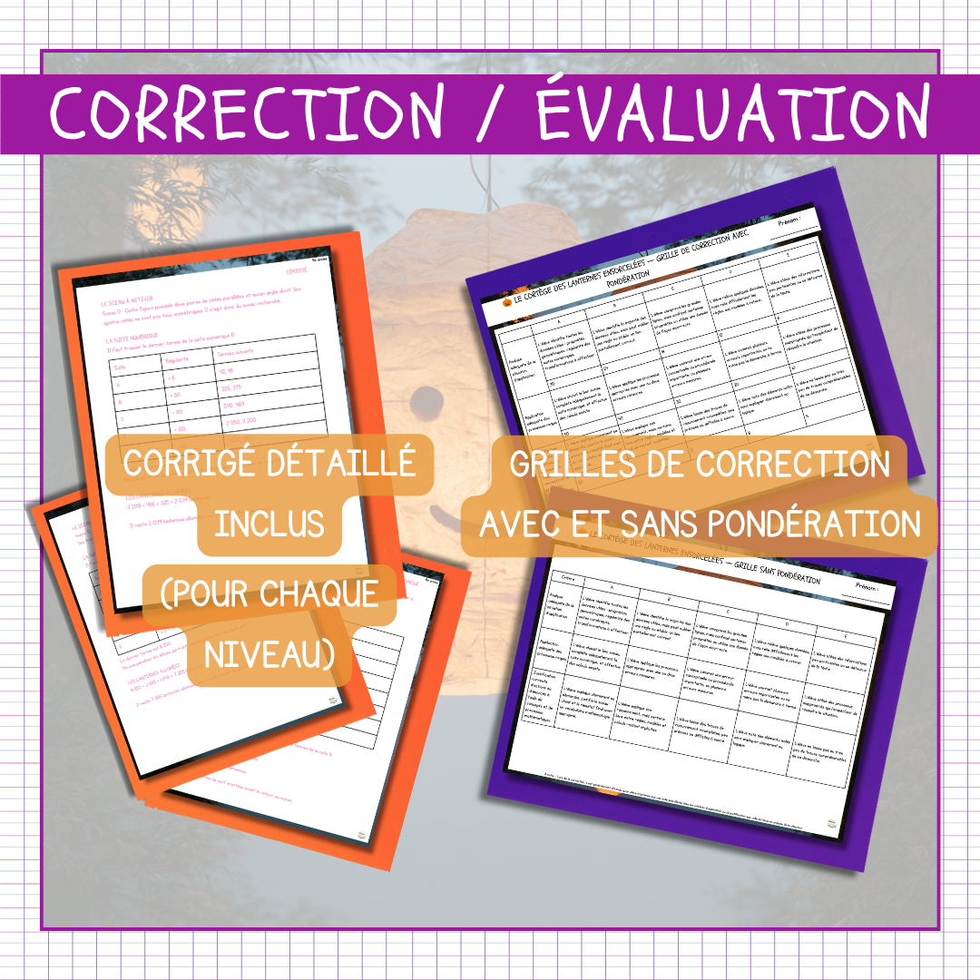 Corrigés détaillés des trois niveaux et grilles de correction avec et sans pondération pour la situation-problème des lanternes ensorcelées.