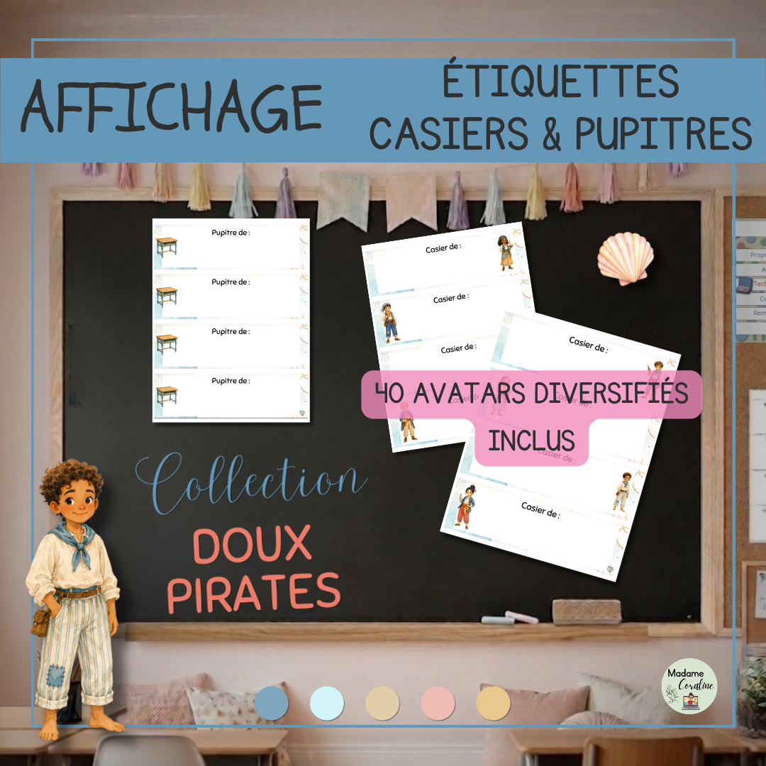 Étiquettes pour casiers et pupitres à personnaliser - Collection Doux pirates