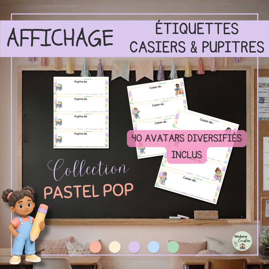 Étiquettes pour casiers et pupitres à personnaliser - Collection Pastel Pop