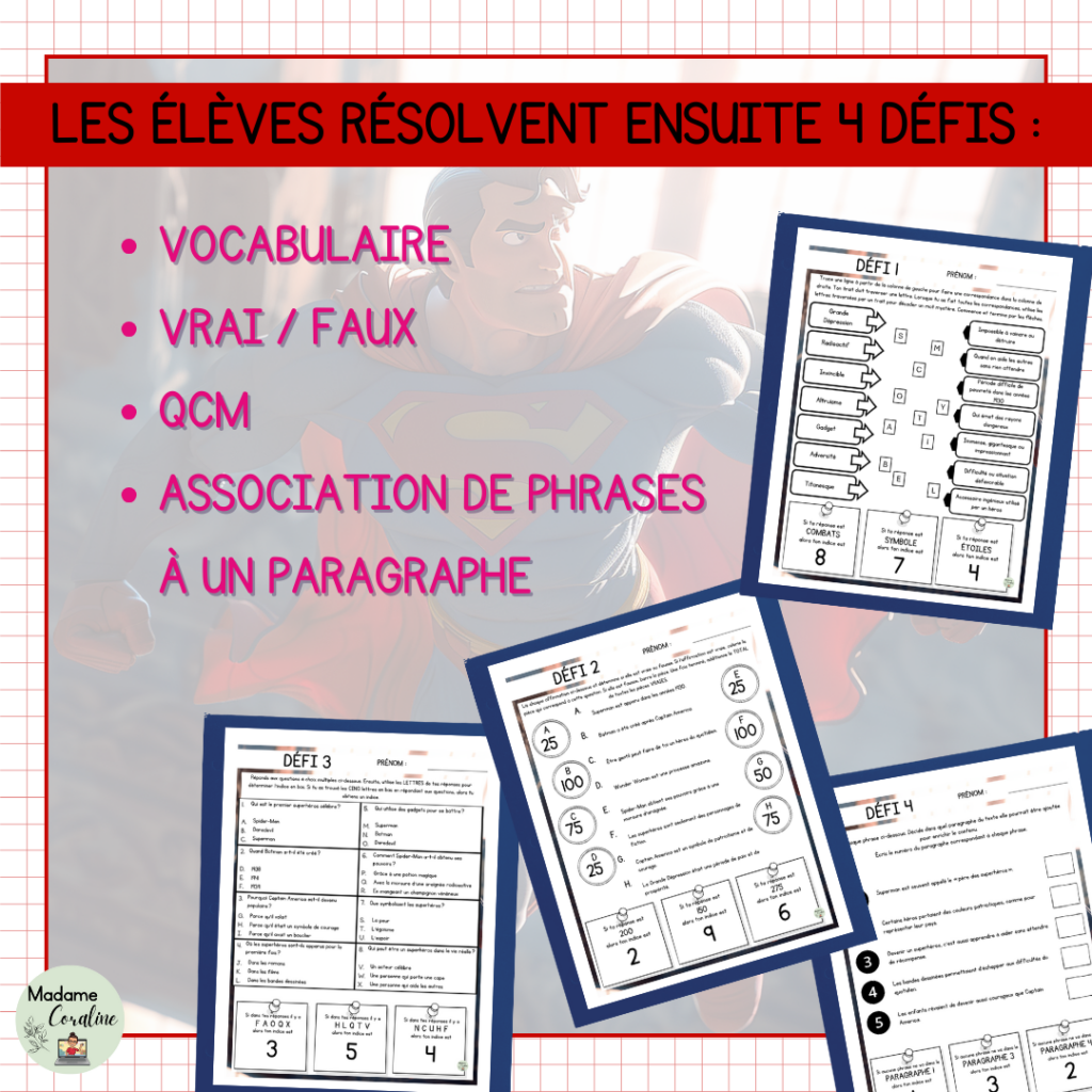 Les élèves résolvent 4 défis dans le jeu d’évasion : vocabulaire, vrai/faux, QCM, association de phrases à des paragraphes. Ressource éducative pour 2e et 3e cycles.